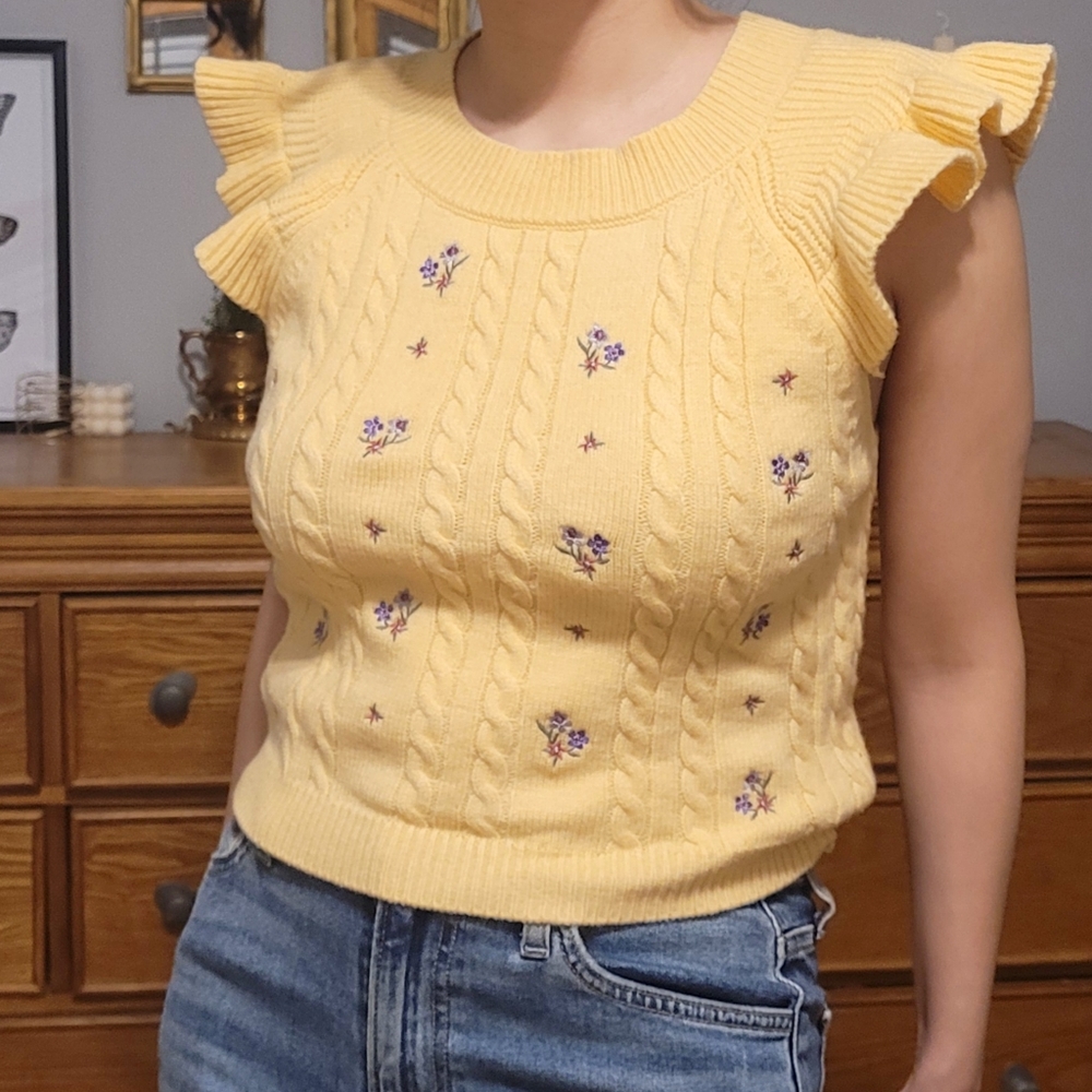 Yellow Floral Forever 21 Ruffled Sleeve Top